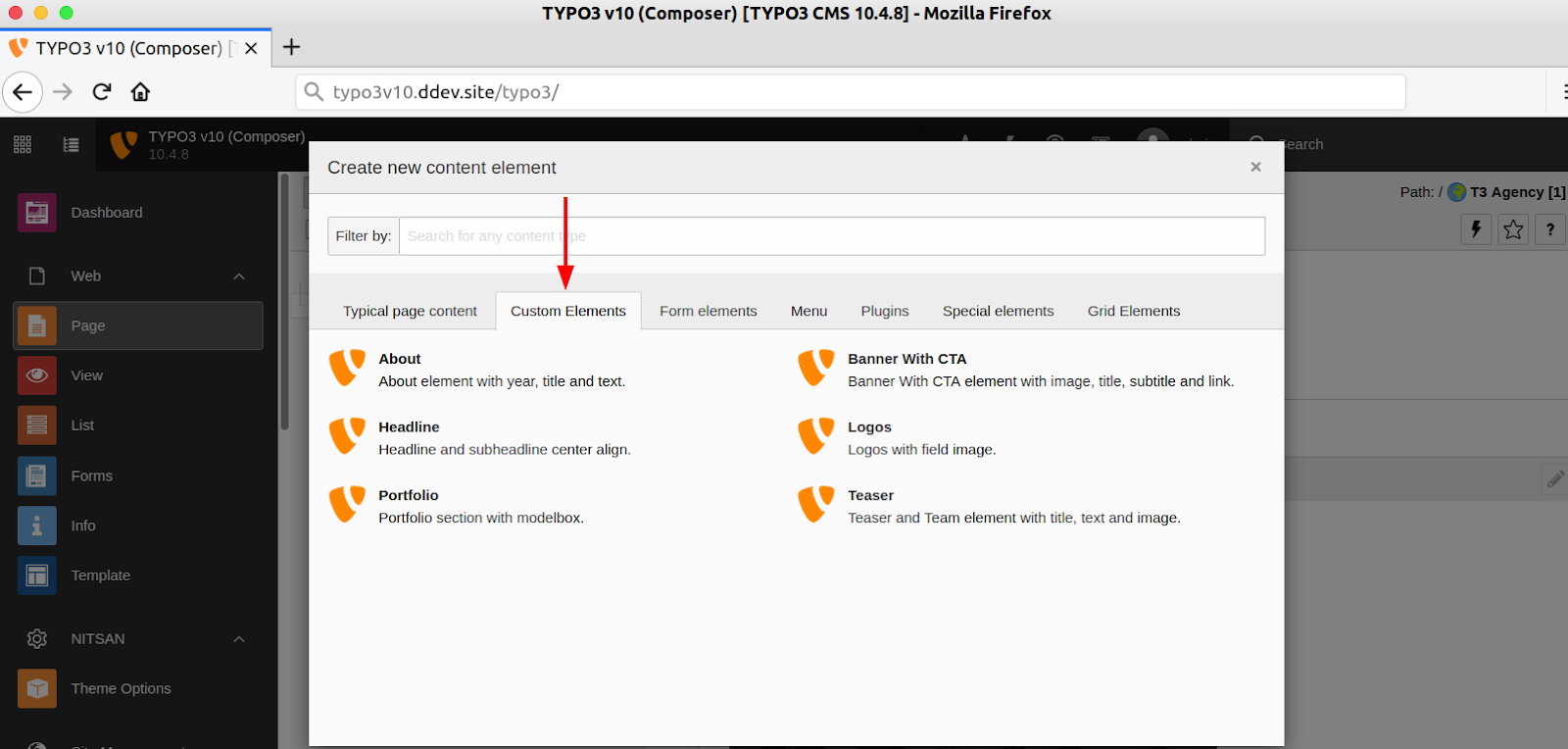 PageTSconfig: Tab Registration of the TYPO3 “Custom Elements”