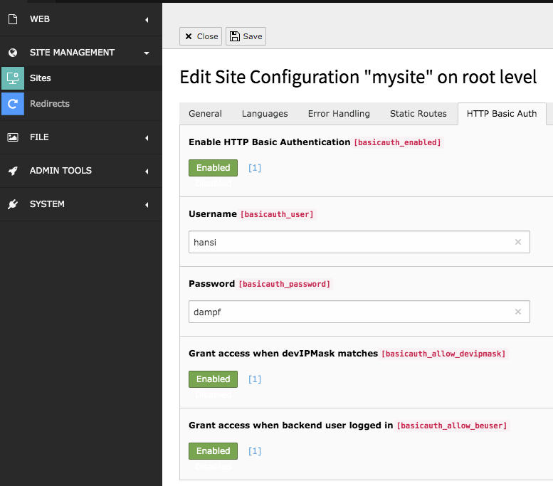 HTTP Basic Auth unter Verwendung der TYPO3-Site-Konfiguration