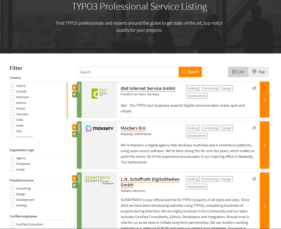 Notieren Sie Ihr TYPO3-Geschäft unter TYPO3 Professional Service Listing