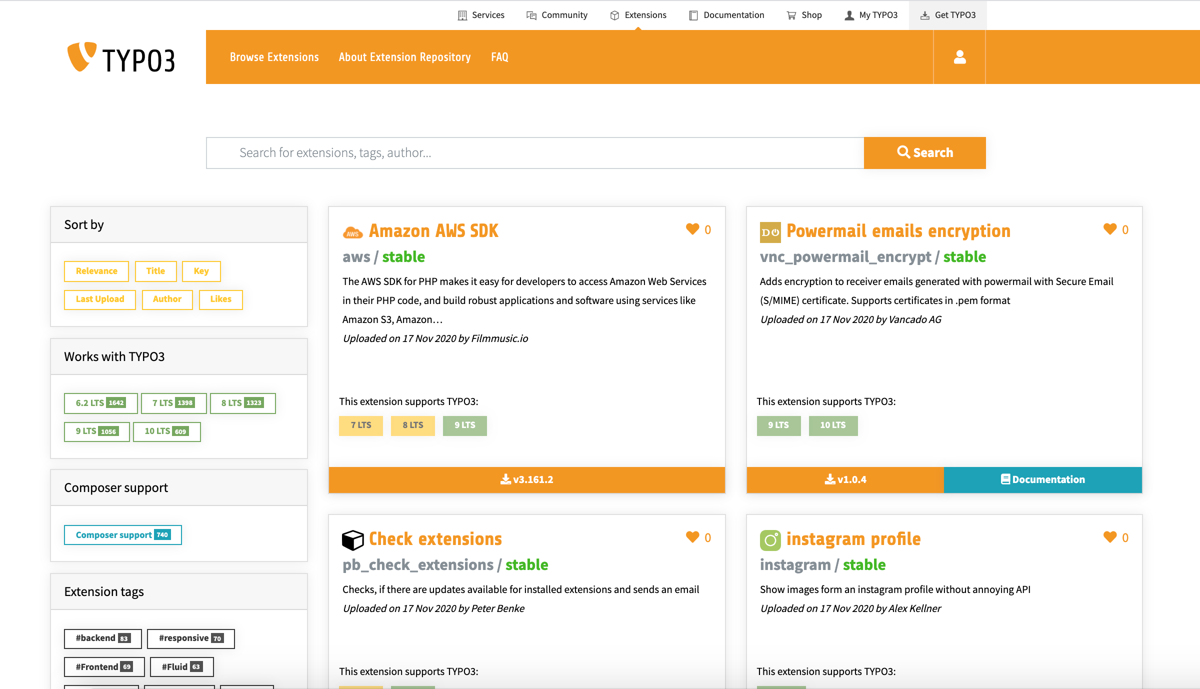 Screenshot von https://extensions.typo3.org/ - das TER