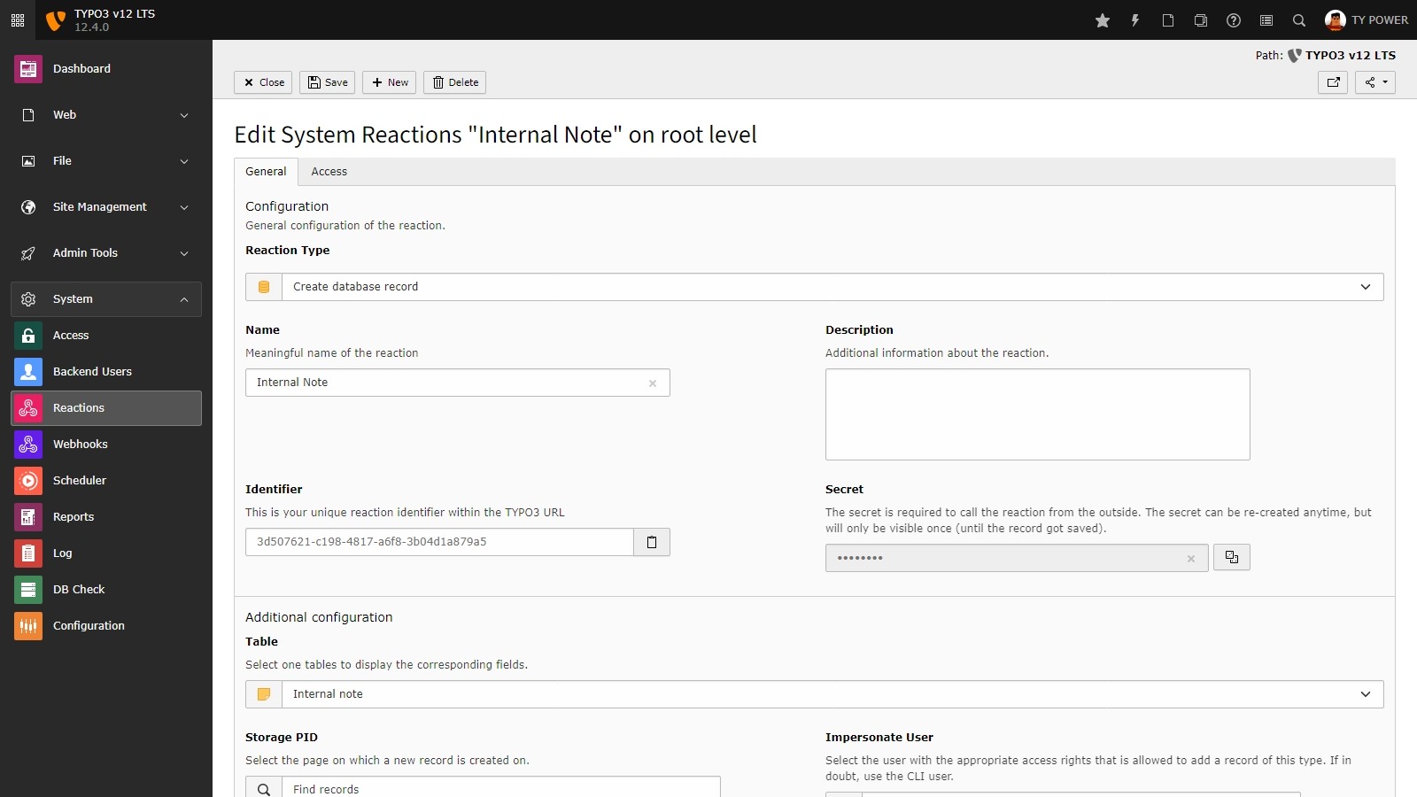  TYPO3 Backend and open System ➜ Reactions.