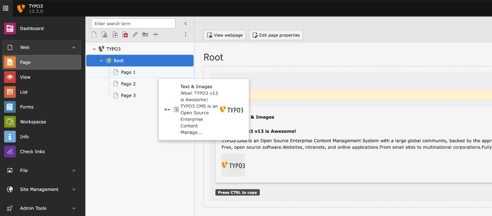 Move Content Elements Directly Using the Page Tree