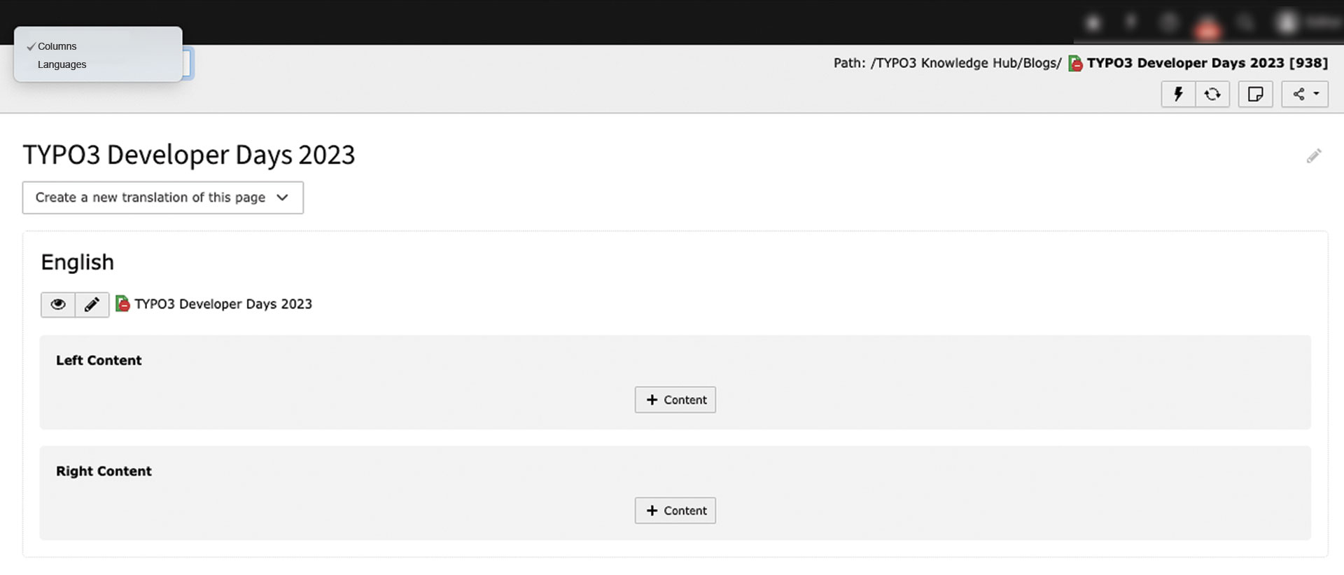 TYPO3 Inhaltsbereich Optionen