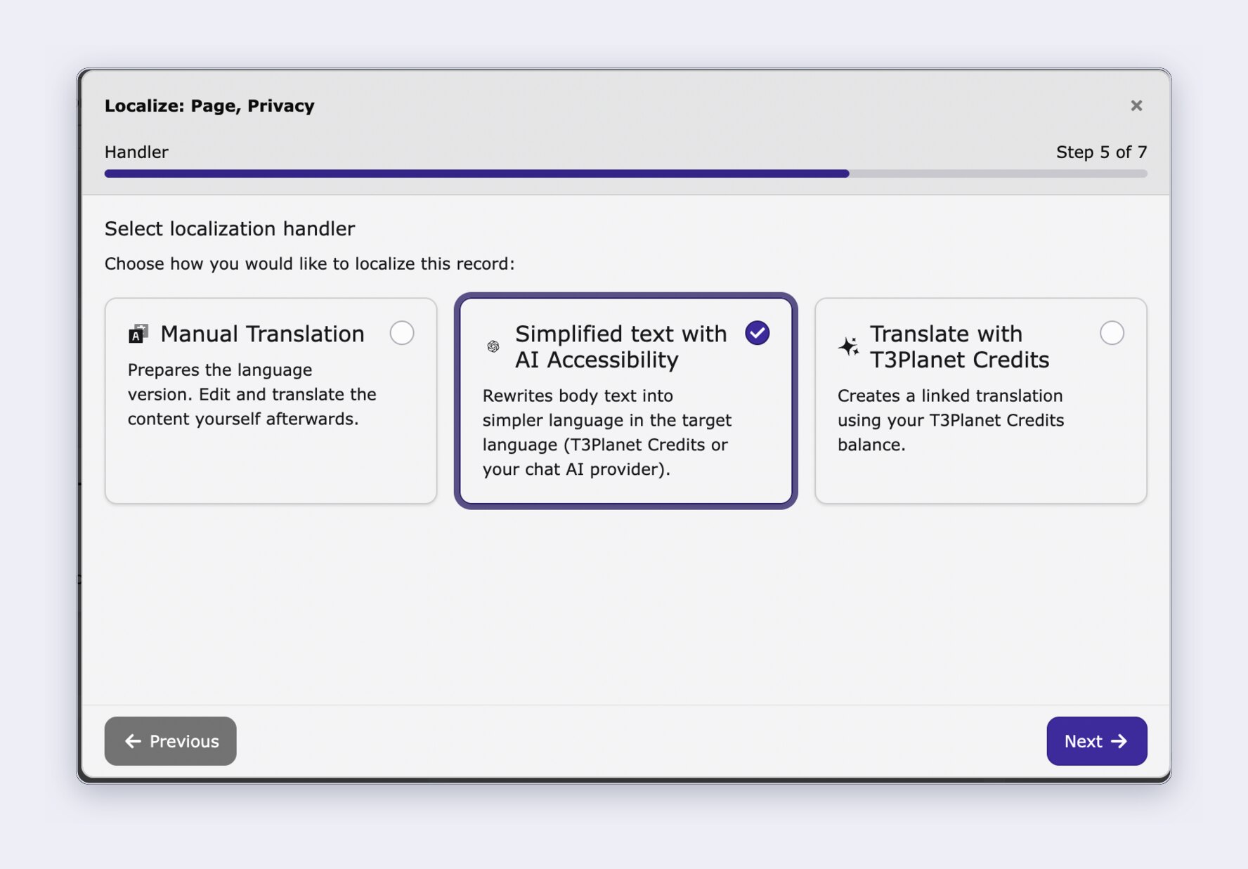 Der TYPO3-Lokalisierungs-Assistent mit der ausgewählten Option Simplified text with AI Accessibility